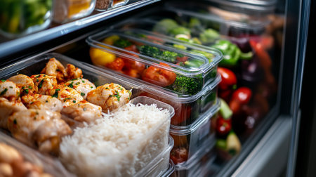 Fresh meal prep containers with vegetables, rice, and chicken in a refrigerator.の素材