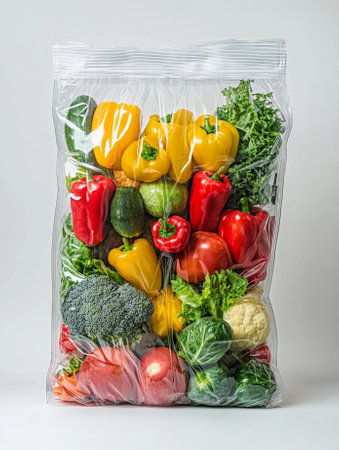 Colorful assortment of fresh vegetables in vacuum-sealed bag.の素材