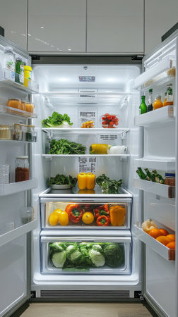 Organized refrigerator with fresh produce and beverages.の素材