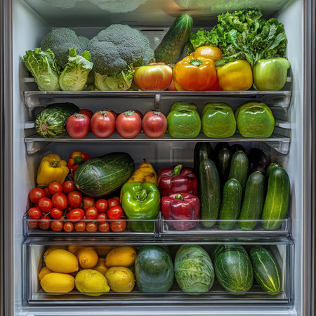 Colorful fresh vegetables and fruits neatly arranged in the refrigerator.の素材