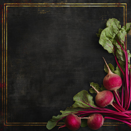 Fresh beets with green leaves on black chalkboard background.の素材