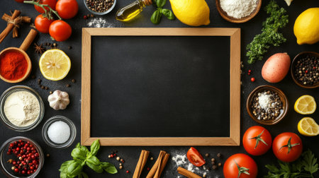 Culinary ingredients and black chalkboard background with fresh vegetables and spices.の素材