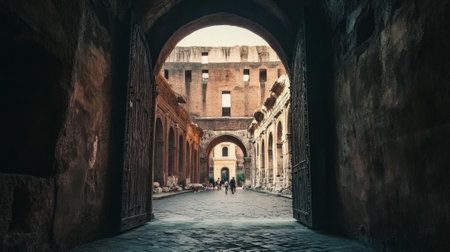Interior view of the ancient roman colosseum showing its grand arches and play of light and shadow. with a focus on perspective, the image highlights the architectural brilliance and historical significance of this iconic structure.の素材