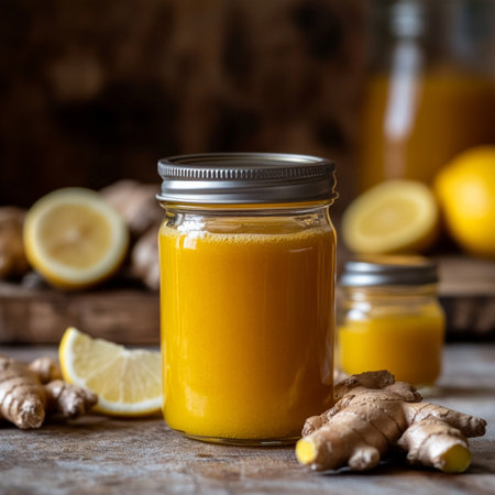 A jar of fresh ginger lemon juice sits on a rustic table, surrounded by ginger roots and lemon slices, showing a vibrant and refreshing beverage.の素材