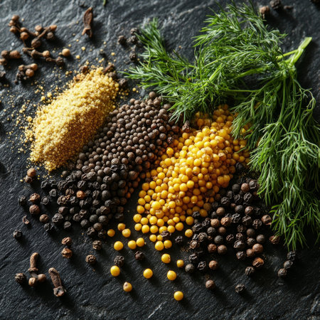 A culinary arrangement of assorted mustard seeds and fresh dill displayed on a dark slate surface, highlighting contrast and texture for gourmet appeal.の素材