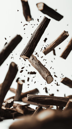 Wooden logs dynamically explode in mid-air, scattering splinters and debris in an energetic, chaotic action scene.の素材