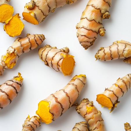Close-up of fresh turmeric roots scattered on a white background, highlighting their vibrant yellow color and earthy texture. perfect for culinary and medicinal use.の素材