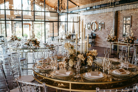 A luxurious wedding reception setup featuring elegant glass tables, floral centerpieces, translucent...