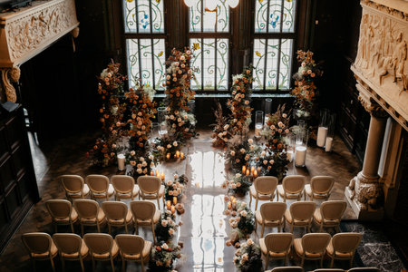 An elegantly decorated wedding venue features intricate floral arrangements and ornate architecture, set inside a historic building with stained glass windows and seating for guests.の写真素材