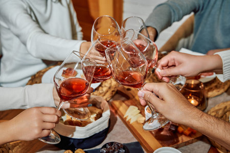 A group of friends clinks glasses filled with red wine, celebrating togetherness at a cozy, indoor...