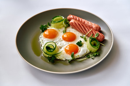 A Delicious Breakfast Platter Featuring Three Perfectly Cooked Eggs, Juicy Sausages, Fresh Herbs, and Delightfully Spiraled Cucumbers on a Modern Plateの写真素材