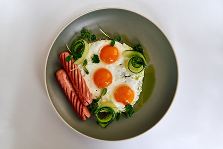A Delicious Plate of Three Fried Eggs Garnished with Fresh Herbs and Accompanied by Sliced Sausages with Fresh Zucchini Spiralsの写真素材