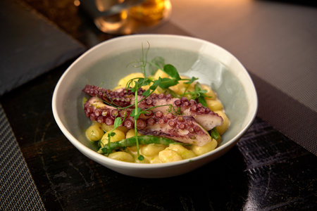 A Beautifully Arranged Dish Featuring Tender Octopus and Creamy Gnocchi with Fresh Greens, Showcasing a Perfect Balance of Flavors and Texturesの写真素材