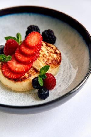 Delicious Pancakes Served with Fresh Berries and Mint Leaves in a Stylish Bowl for a Perfect Breakfast Experienceの写真素材