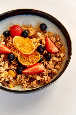 Colorful Bowl of Granola Topped with Fresh Berries and Dried Fruit for a Healthy Breakfast Option...