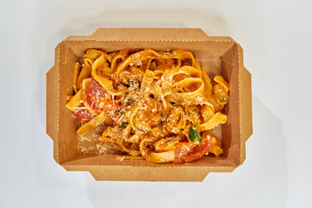Delicious Fettuccine Pasta Dish in a Takeout Box, Featuring Rich Tomato Sauce, Gourmet Ingredients, and Topped with Fresh Parmesan Cheese and Herbsの写真素材