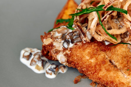 Crispy Golden Brown Fried Dish Topped with Savory Mushrooms, Creamy Sauce, and Garnished with Crunchy Onion Strips on a Modern Plateの写真素材