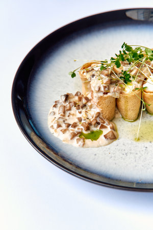 Delicious Savory Cannelloni with Creamy Mushroom Sauce and Fresh Microgreens Served on an Elegant Plateの写真素材