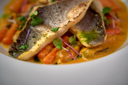 A Culinary Delight: Pan-Seared Fish Fillet Served on a Bed of Colorful Vegetables in a Rich Creamy...