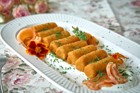 Deliciously Fried Croquettes Served on a Decorative Plate with Garnishes and Accompaniments for an Elegant Dining Experienceの写真素材