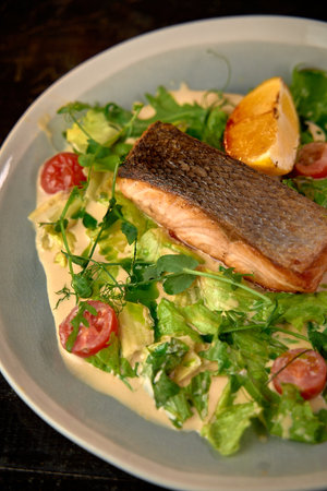 A Delicious Plate of Grilled Salmon Served with Fresh Greens, Cherry Tomatoes, and a Citrus Garnish, Highlighting a Culinary Masterpiece of Healthy Eatingの写真素材