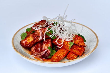 A Delicious Plate of Grilled and Glazed Sweet Potatoes with Garnishes of Fresh Herbs and Crispy...