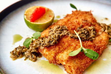 Crispy Fish Fillet Garnished with Zesty Lime, Herb Topping, and Fresh Microgreens on a Stylish Plate for an Exquisite Dining Experienceの写真素材