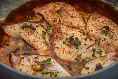 Succulent marinated fish fillets seasoned with herbs and spices, delicately arranged in a flavorful...