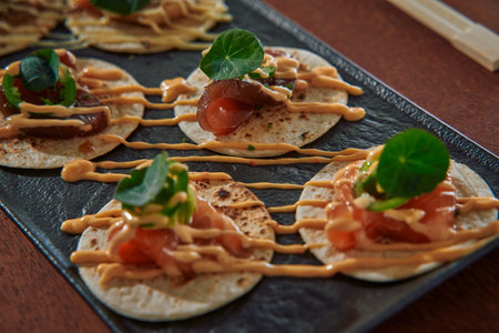 Delicious Gourmet Appetizers Featuring Creative Tortilla Bites Topped with Fresh Ingredients,...