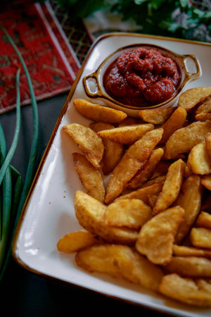 A Delicious Platter of Crispy Golden Potato Wedges Accompanied by a Spicy Tomato Sauce Ideal for...