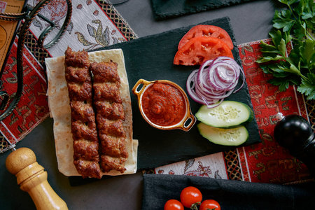 A Delicious Platter Featuring Grilled Kebabs Accompanied by Fresh Vegetables, Spicy Sauce, and...