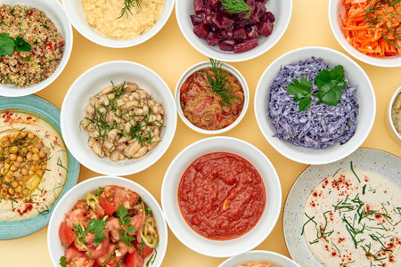 A Vibrant Array of Colorful Dishes Showcasing Diverse Ingredients and Textures on a Yellow...