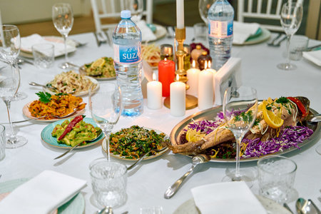 A Lavish Feast Spread Featuring Colorful Dishes, Fresh Ingredients, and Elegant Table Settings with...