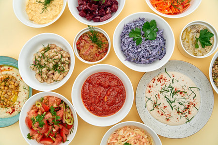 A Vibrant Array of Colorful Dishes Showcasing Diverse Flavors and Textures in Various Bowls...
