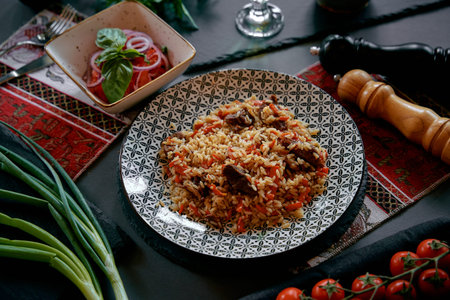Delicious Platter of Savory Rice and Tender Meat Garnished with Fresh Vegetables and Accompanied by a Flavorful Salad and Herbsの写真素材