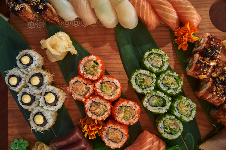 An Exquisite Array of Colorful Sushi Rolls and Delicacies Artfully Presented on a Wooden Platter Garnished with Fresh Ingredientsの写真素材