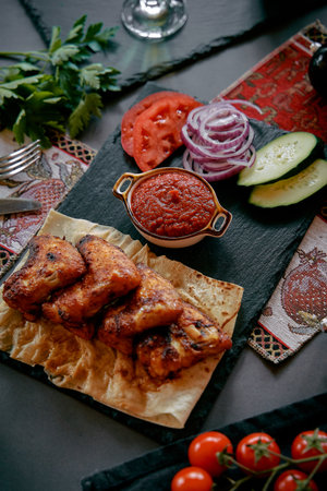 Deliciously Grilled Chicken Served with Fresh Vegetables and Bold Sauce on a Stylish Slate Plate for Tasteful Dining Experienceの写真素材