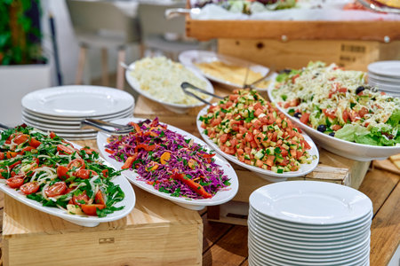 An Array of Fresh Salads and Colorful Vegetables Perfectly Presented on Plates for a Healthy Dining Experience at a Vibrant Buffet Tableの写真素材