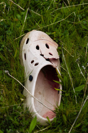 scarpa consumata e rotta abandonata nella terraの写真素材