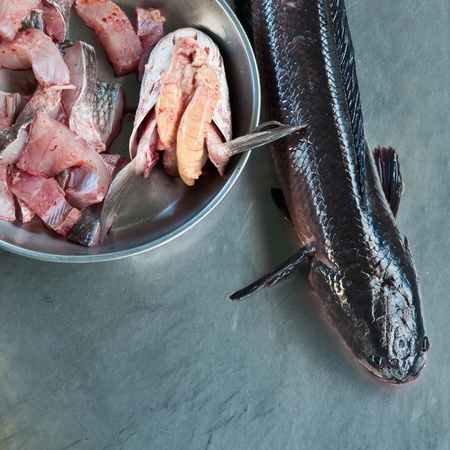 Cut the fish into pieces for sale.の写真素材