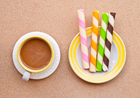 coffee and tea in a ceramic cup and bread.の写真素材