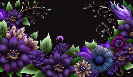 Assorted floral purple color flower with leaf border background AI Generated Imageの素材