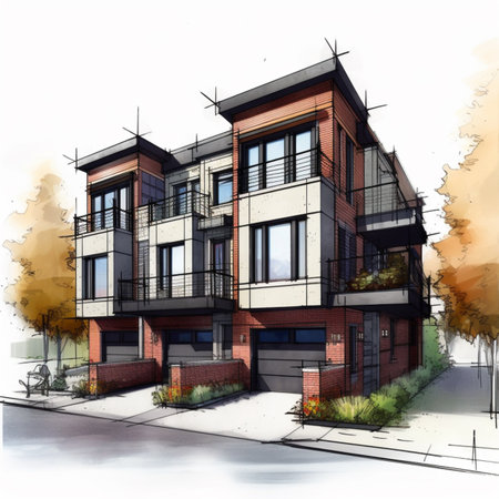 Architectural triplex parking front street duplex house pictures AI Generated Imageの素材