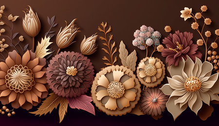 Assorted floral brown color flower border background AI Generated Imageの素材