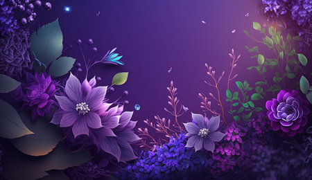 Assorted floral purple color flower with leaf border background AI Generated Imageの素材