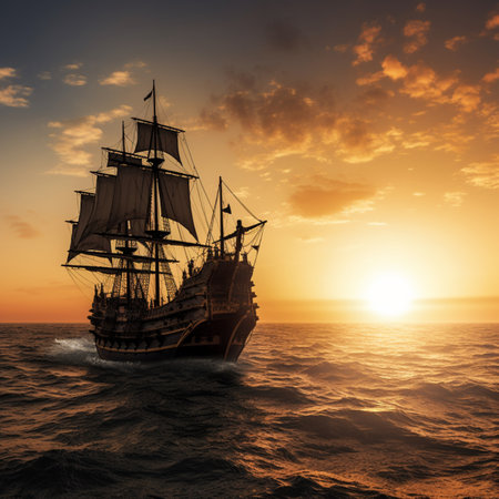 Beautiful ancient sailing ship sunset ocean wallpaper AI Generated Imageの素材