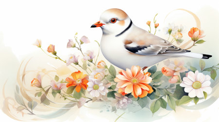 Beautiful bird with flowers watercolor painting illustration background AI Generated artの素材