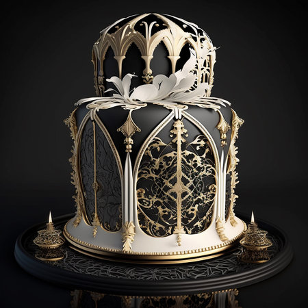 Beautiful black white gold tier wedding cake art pictures AI Generated imageの素材