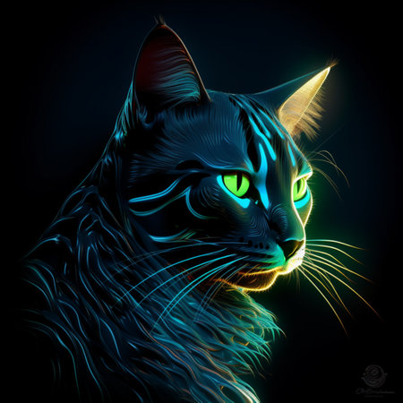 Beautiful blue color cat neon glowing animal head black background AI Generated artの素材