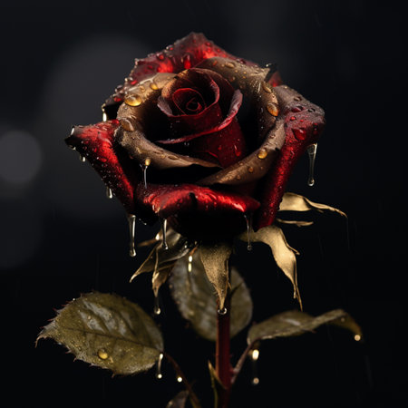 Beautiful dark foggy red rose flower water drops picture AI Generated artの素材